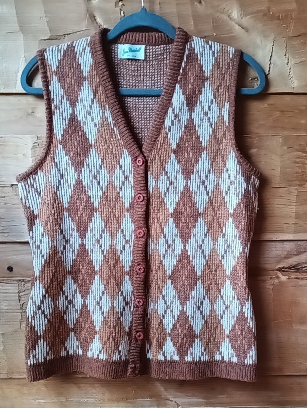 Vintage Rust and Cream Argyle Button-Front Sweater Vest - Picture 4 of 9